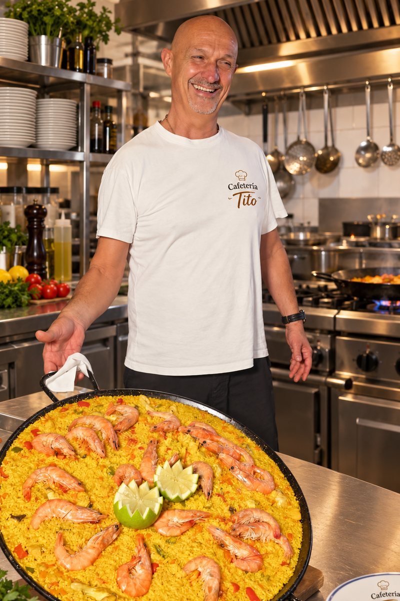 Tito in his kitchen behind a giant seafood paella with prawns and lemon