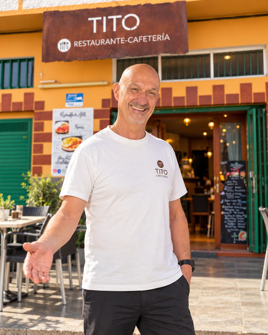 Tito, smiling, in front of the restaurant with the brown TITO sign